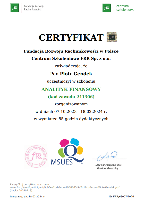 certyfikat fundacja rozwoju rachunkowości w polsce piotr gendek
